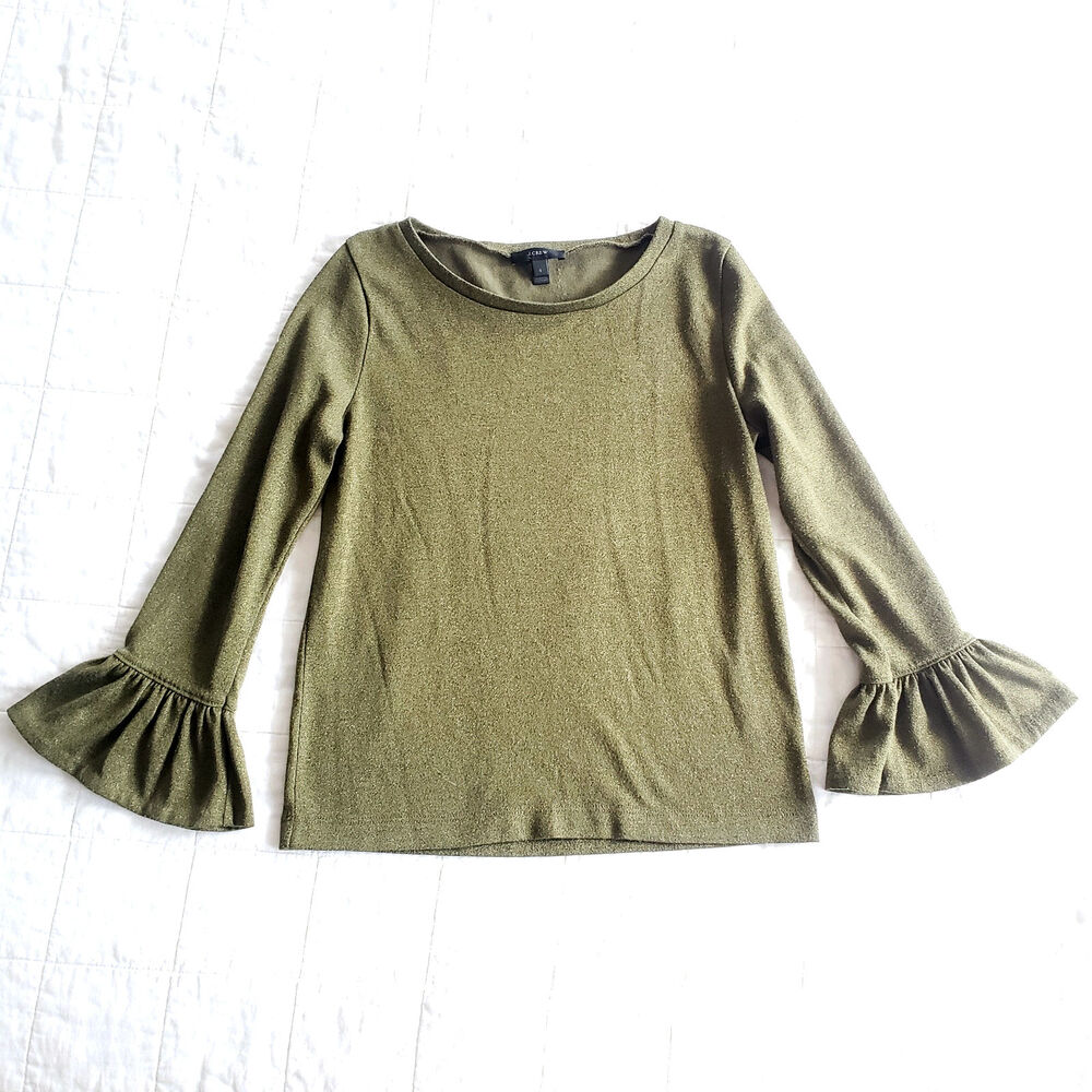J. Crew Womens S Army Olive Green Blouse Flounce Ruffle Sleeve Metallic Sparkle